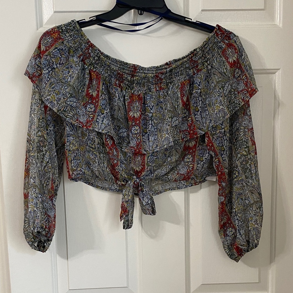 NWOT Band of Gypsies multi color paisley off the shoulder crop hemline tie top